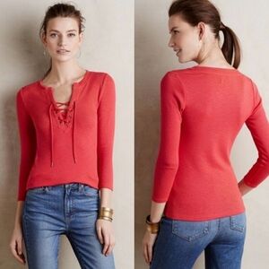 Deletta by Anthropologie Red Lace-up 3/4 Sleeve Top Size S